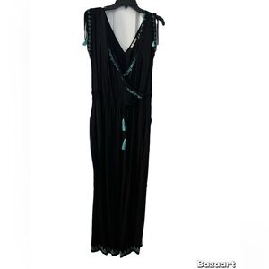Soft Surroundings Size PXL Baja Black Jumpsuit Sleeveless Embroidered Tassels